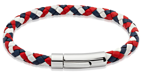 Red, White & Blue Leather Bracelet with Steel Clasp