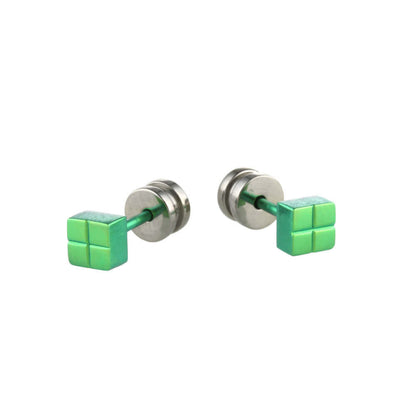 Titanium Cube Stud Earrings - Blue/Green Tones