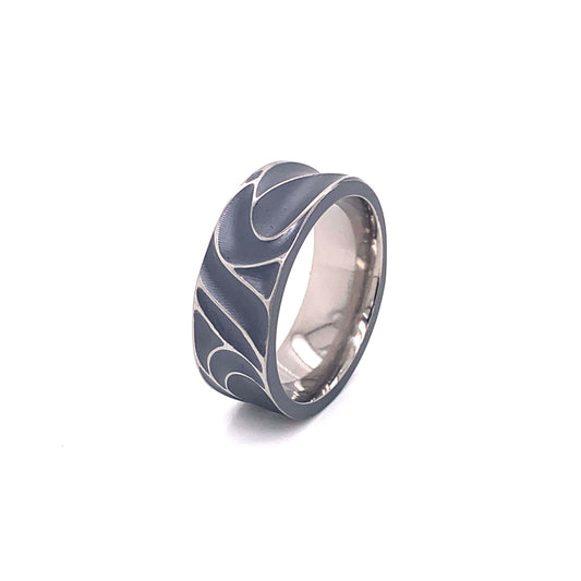 Titanium Carved Waves Ring - Black 8mm