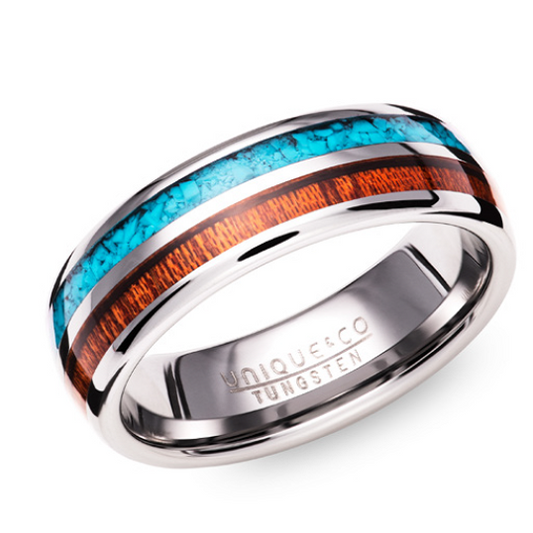 Tungsten Wood and Turquoise Inlay Ring